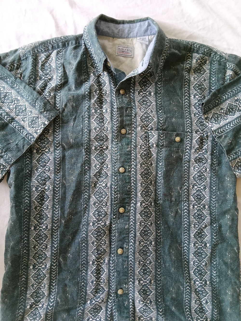 Bugle Boy Green and White Vertical Pattern Short Sleeve Button-Down